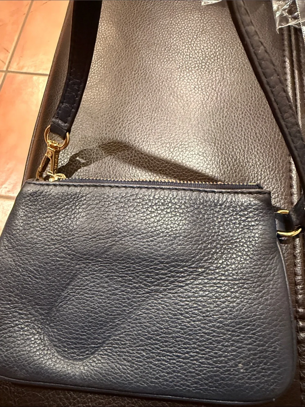 Michael Kors Blue Pebbled Leather Wristlet with Gold Plate